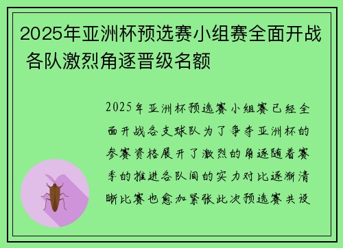 2025年亚洲杯预选赛小组赛全面开战 各队激烈角逐晋级名额 2025年亚洲杯预选赛小组赛全面开战 各队激烈角逐晋级名额
